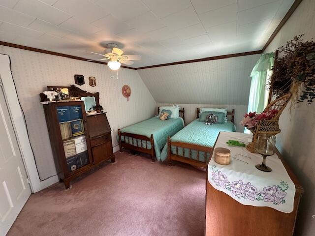 28 Charles St, Belfast, ME 04915 - carpeted bedroom featuring ceiling fan, ornamental molding, and vaulted ceiling