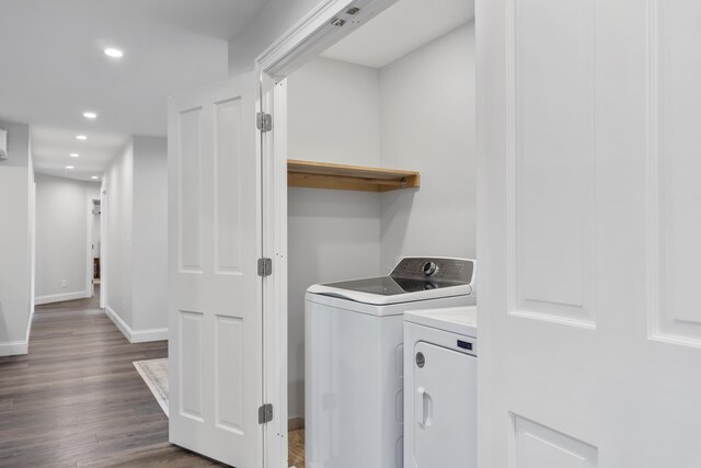 701 Wallston Rd, Saint George, ME 04860 - washroom featuring washer and clothes dryer, recessed lighting, and dark wood-style flooring