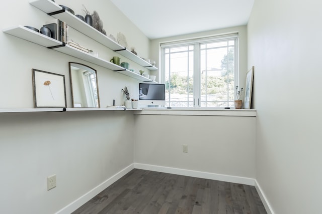 156 Sheridan St Unit 2A, Portland, ME 04101 - kitchen featuring dark wood finished floors, a desk, and open shelves
