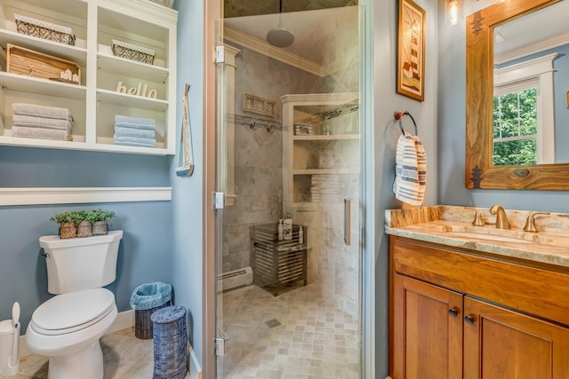187 Hickory Dr, Auburn, ME 04210 - bathroom with vanity, a stall shower, and a baseboard heating unit