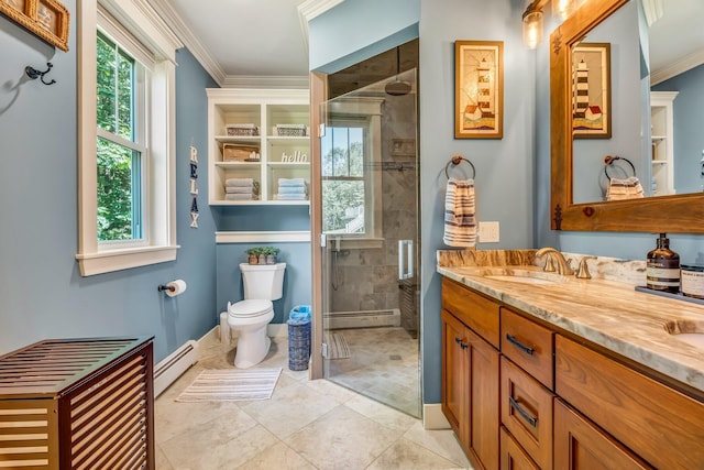 187 Hickory Dr, Auburn, ME 04210 - full bathroom featuring baseboard heating, vanity, a stall shower, and ornamental molding