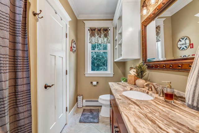 187 Hickory Dr, Auburn, ME 04210 - bathroom featuring baseboard heating, vanity, crown molding, and tile patterned flooring