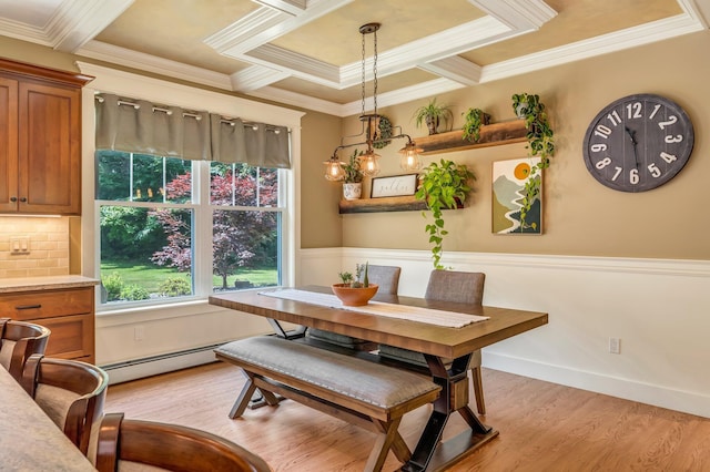 187 Hickory Dr, Auburn, ME 04210 - dining space with coffered ceiling, crown molding, light wood-style flooring, baseboard heating, and beam ceiling