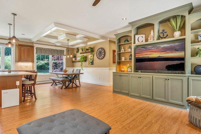 187 Hickory Dr, Auburn, ME 04210 - living area featuring crown molding, light wood finished floors, coffered ceiling, beam ceiling, and baseboard heating