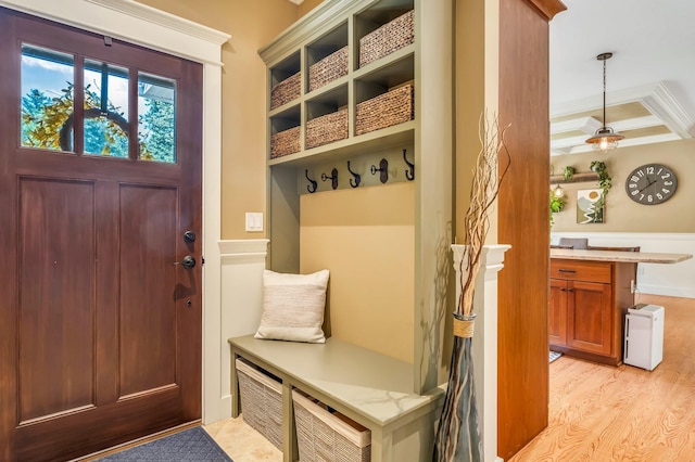 187 Hickory Dr, Auburn, ME 04210 - mudroom featuring light wood finished floors and a wainscoted wall