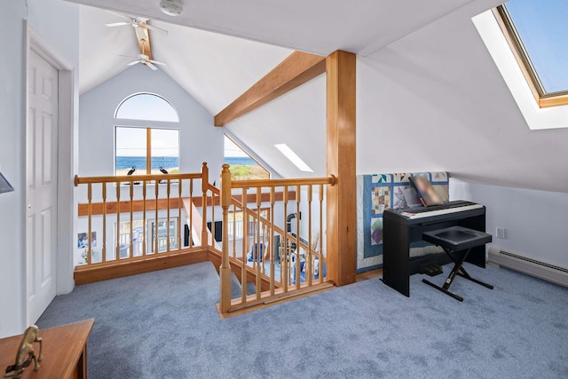 204 Nubble Rd, York, ME 03909 - bonus room featuring a skylight, vaulted ceiling, carpet flooring, a ceiling fan, and a baseboard radiator