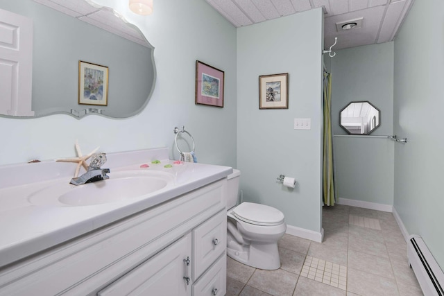 204 Nubble Rd, York, ME 03909 - full bath featuring a baseboard heating unit, vanity, curtained shower, and tile patterned floors