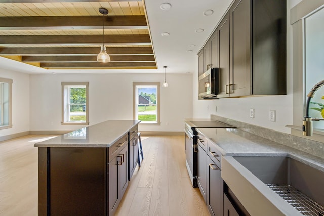 1719 Dixmont Rd, Etna, ME 04434 - kitchen with electric stove, stainless steel microwave, light wood-style flooring, pendant lighting, and a wood ceiling with exposed beams