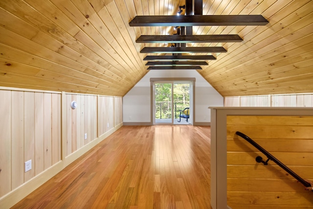 1719 Dixmont Rd, Etna, ME 04434 - additional living space with light wood-style floors, wooden ceiling, wood walls, and vaulted ceiling