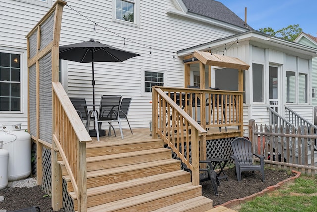 25 Searles St, Livermore Falls, ME 04254 - wooden deck featuring stairway and outdoor dining space