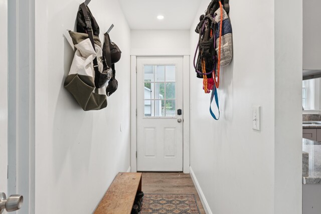 25 Searles St, Livermore Falls, ME 04254 - doorway featuring wood finished floors and recessed lighting