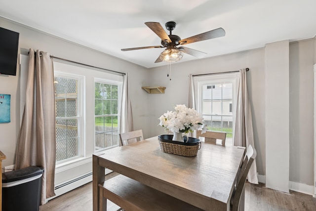 25 Searles St, Livermore Falls, ME 04254 - dining room featuring a baseboard radiator, light wood-type flooring, and ceiling fan