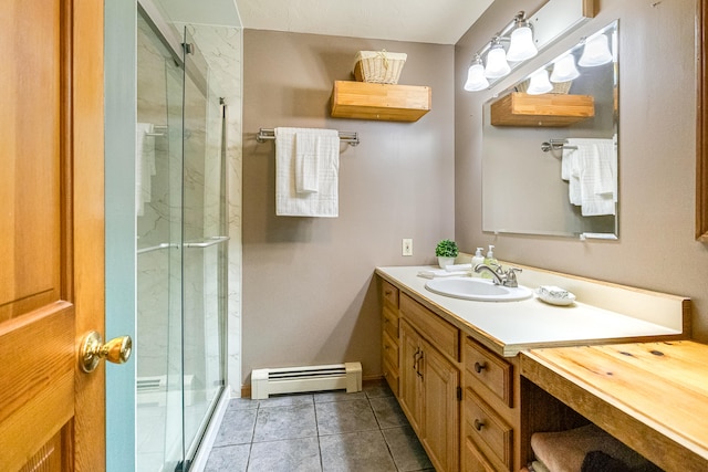 14 Old County Rd, South Berwick, ME 03908 - full bath featuring baseboard heating, a marble finish shower, vanity, and tile patterned flooring