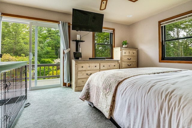 14 Old County Rd, South Berwick, ME 03908 - bedroom featuring carpet flooring, multiple windows, access to exterior, and a ceiling fan