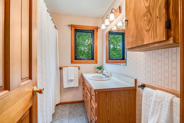 14 Old County Rd, South Berwick, ME 03908 - full bathroom with wallpapered walls, vanity, and tile patterned flooring