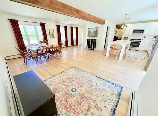 66 Stoney Acres Rd, Pittston, ME 04345 - dining room featuring light wood finished floors, recessed lighting, a baseboard heating unit, and beam ceiling