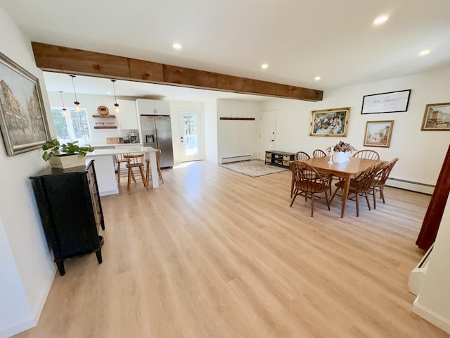 66 Stoney Acres Rd, Pittston, ME 04345 - dining space with beamed ceiling, a baseboard heating unit, light wood-style floors, and recessed lighting