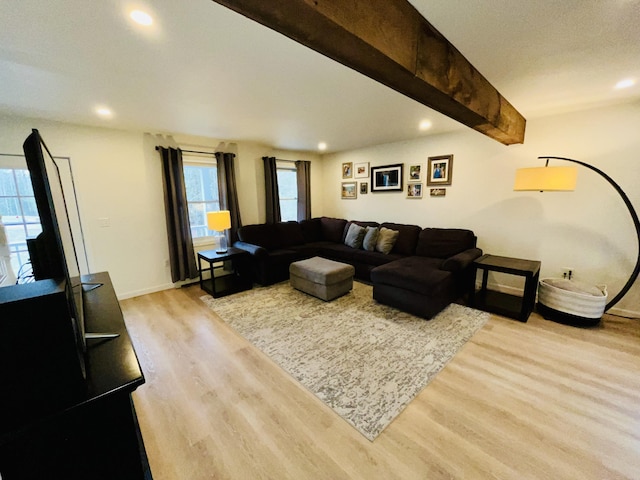 66 Stoney Acres Rd, Pittston, ME 04345 - living room with light wood-style flooring, beam ceiling, and recessed lighting