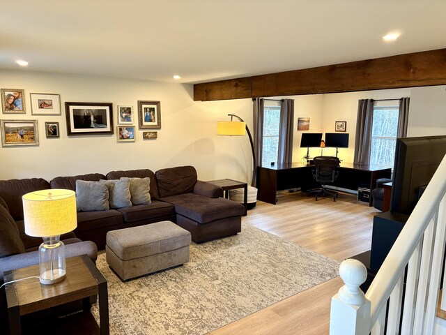 66 Stoney Acres Rd, Pittston, ME 04345 - living room featuring wood finished floors, recessed lighting, and an office area