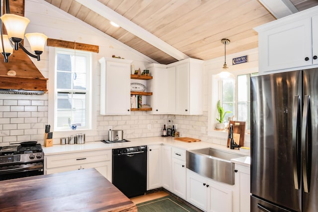 17 Green St, Dover-Foxcroft, ME 04426 - kitchen with freestanding refrigerator, dishwasher, gas range, open shelves, and decorative backsplash