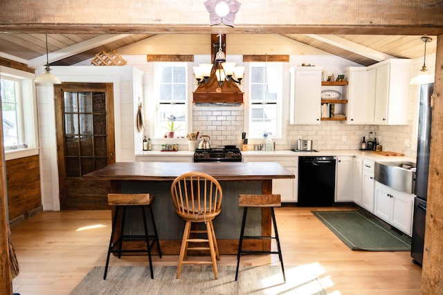 17 Green St, Dover-Foxcroft, ME 04426 - kitchen featuring dishwasher, wooden counters, gas stove, light wood-style flooring, and wood ceiling