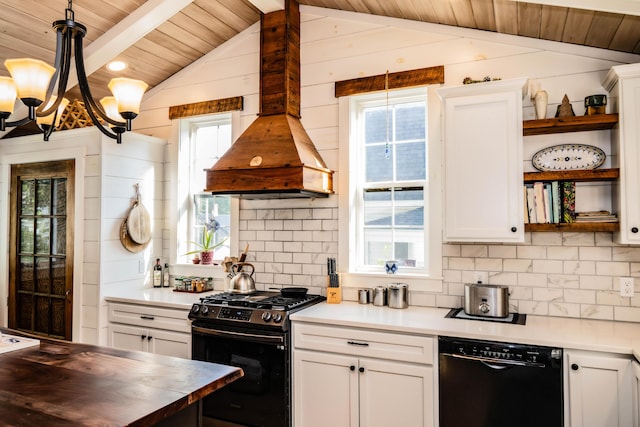 17 Green St, Dover-Foxcroft, ME 04426 - kitchen with dishwasher, gas stove, open shelves, custom exhaust hood, and lofted ceiling