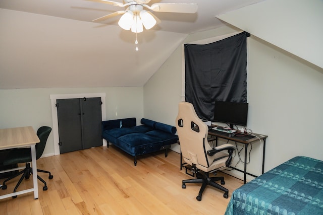 17 Green St, Dover-Foxcroft, ME 04426 - bedroom featuring vaulted ceiling, wood finished floors, a desk, and ceiling fan