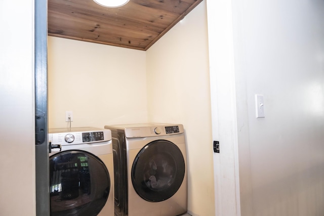 17 Green St, Dover-Foxcroft, ME 04426 - laundry room with washing machine and clothes dryer and wooden ceiling