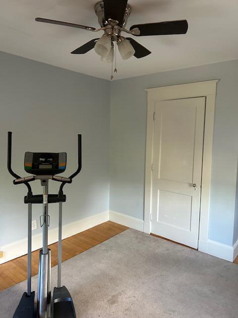 28 Holly St, Auburn, ME 04210 - workout room featuring ceiling fan and carpet flooring