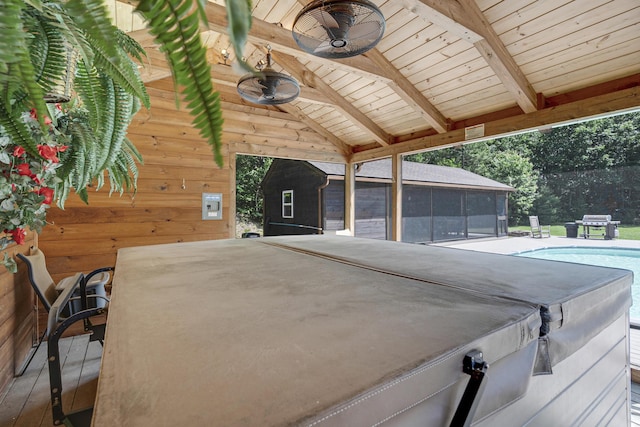 16 Keystone Spring Rd, Poland, ME 04274 - view of patio / terrace featuring a sunroom, ceiling fan, and an outdoor structure