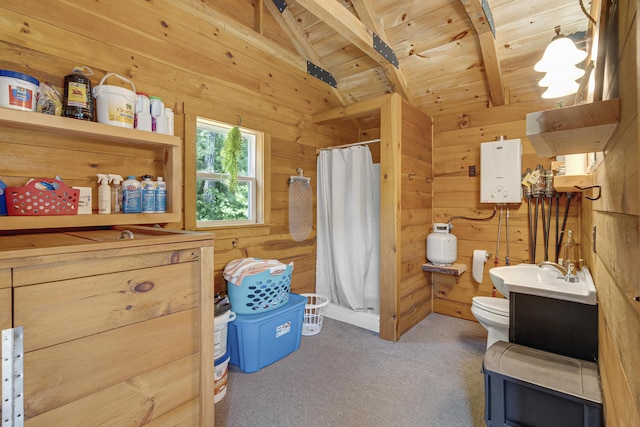 16 Keystone Spring Rd, Poland, ME 04274 - full bath with wood ceiling, vanity, wood walls, and a shower with curtain