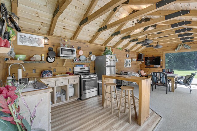 16 Keystone Spring Rd, Poland, ME 04274 - kitchen with stainless steel appliances, wood walls, wood ceiling, open shelves, and light countertops