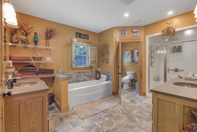 16 Keystone Spring Rd, Poland, ME 04274 - bathroom featuring vanity, a bath, a stall shower, and recessed lighting