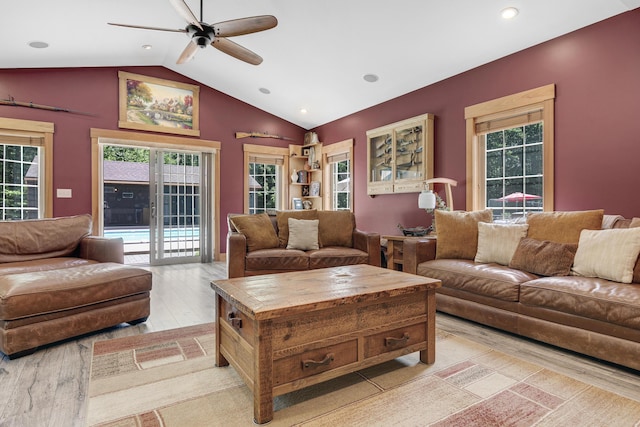 16 Keystone Spring Rd, Poland, ME 04274 - living area with a ceiling fan, light wood-style floors, vaulted ceiling, and recessed lighting
