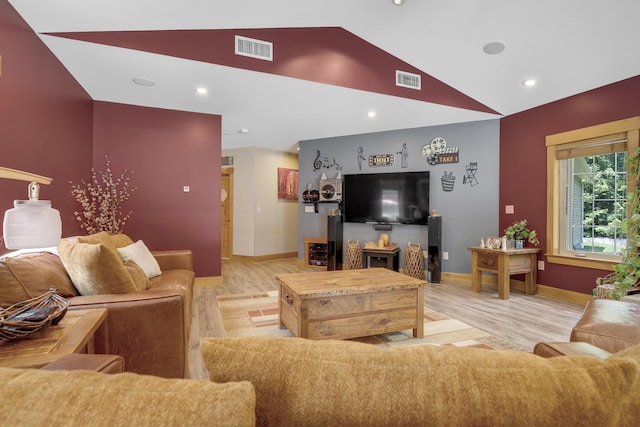 16 Keystone Spring Rd, Poland, ME 04274 - living area featuring light wood-style floors, lofted ceiling, and recessed lighting