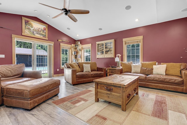 16 Keystone Spring Rd, Poland, ME 04274 - living room with a ceiling fan, high vaulted ceiling, light wood finished floors, and recessed lighting