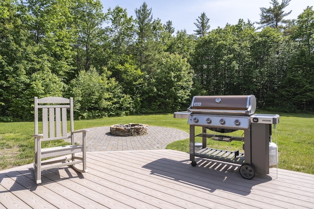 16 Keystone Spring Rd, Poland, ME 04274 - wooden terrace with an outdoor fire pit, a grill, and a lawn