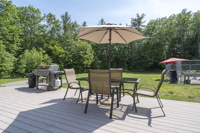 16 Keystone Spring Rd, Poland, ME 04274 - wooden terrace featuring outdoor dining area, a yard, and a grill