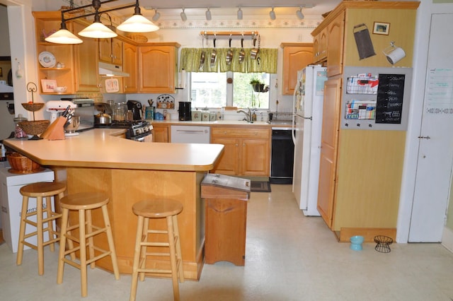 86 Summer St, Saco, ME 04072 - kitchen featuring under cabinet range hood, a peninsula, track lighting, light countertops, and a breakfast bar
