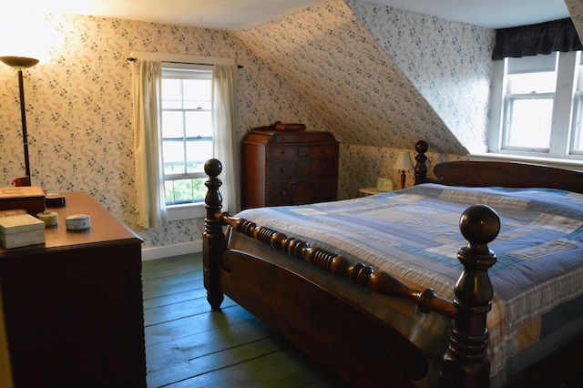 86 Summer St, Saco, ME 04072 - bedroom featuring hardwood / wood-style floors, wallpapered walls, and lofted ceiling
