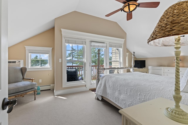 71 Village Way Unit 506, Edgecomb, ME 04556 - bedroom featuring lofted ceiling, access to outside, carpet, a wall mounted air conditioner, and a ceiling fan