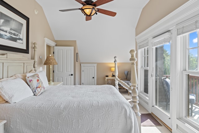 71 Village Way Unit 506, Edgecomb, ME 04556 - carpeted bedroom with lofted ceiling, access to outside, and ceiling fan