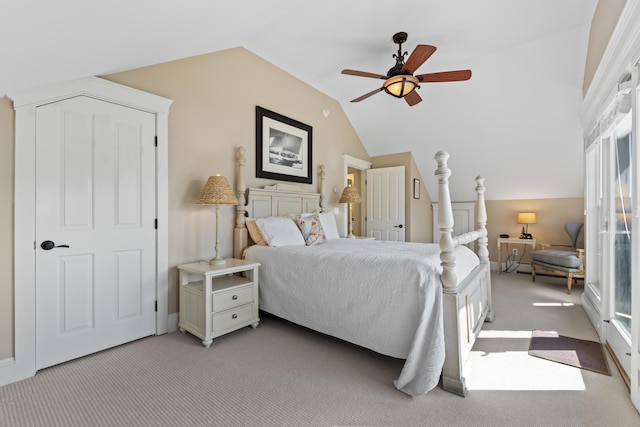 71 Village Way Unit 506, Edgecomb, ME 04556 - bedroom featuring lofted ceiling, light colored carpet, and ceiling fan