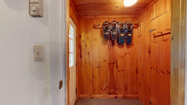 9 Cherry Ln Unit 11, Bethel, ME 04217 - hall featuring carpet floors, wood walls, wooden ceiling, and healthy amount of natural light