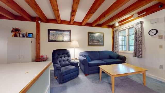 9 Cherry Ln Unit 11, Bethel, ME 04217 - carpeted living room featuring beam ceiling