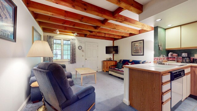 9 Cherry Ln Unit 11, Bethel, ME 04217 - kitchen featuring white dishwasher, open floor plan, beam ceiling, light countertops, and recessed lighting