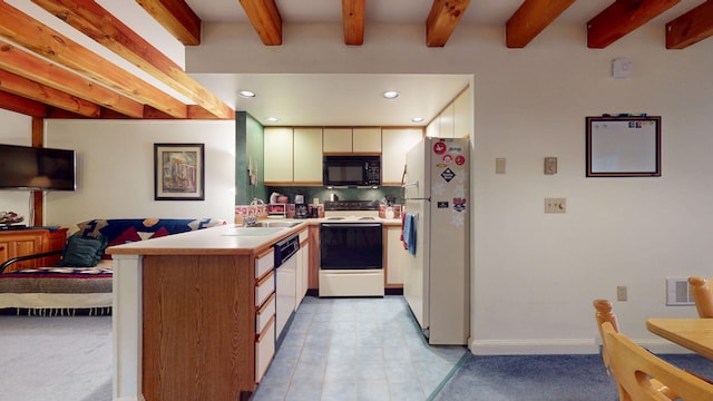 9 Cherry Ln Unit 11, Bethel, ME 04217 - kitchen featuring white appliances, recessed lighting, light countertops, beamed ceiling, and tasteful backsplash