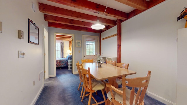9 Cherry Ln Unit 11, Bethel, ME 04217 - dining area featuring beamed ceiling and dark colored carpet