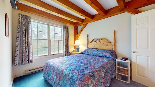 9 Cherry Ln Unit 11, Bethel, ME 04217 - carpeted bedroom featuring a baseboard radiator and beam ceiling