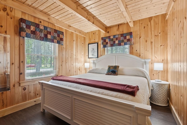 8 Log Cabin Ln Unit 9, Shapleigh, ME 04076 - bedroom featuring wooden walls, dark wood finished floors, and a wooden ceiling with exposed beams